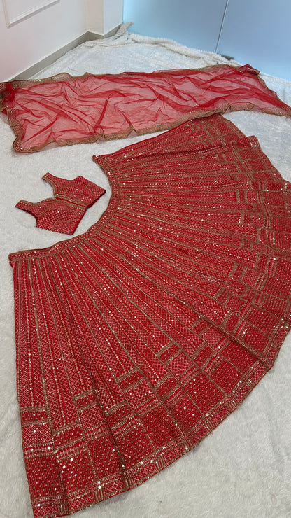 Red Party Wear Satin Lehenga with Handwork & Stitched Blouse
