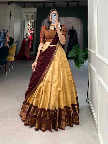 Cream Kanchipuram Silk Lehenga with Stitched Blouse