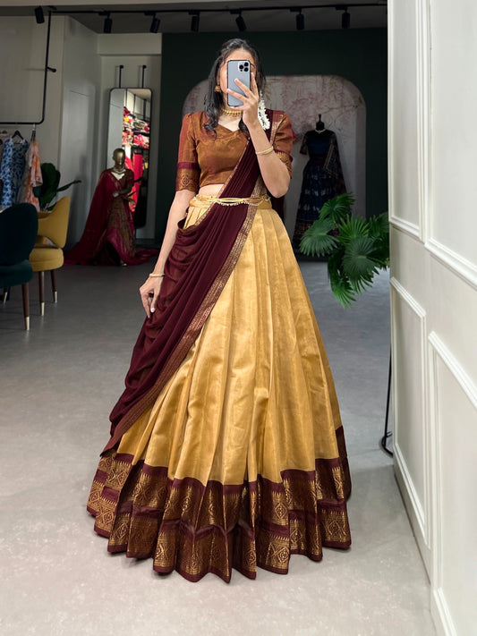 Cream Kanchipuram Silk Lehenga with Stitched Blouse
