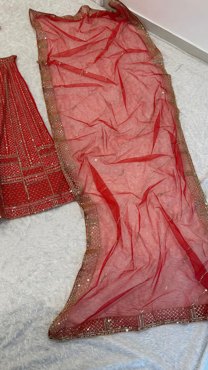 Red Party Wear Satin Lehenga with Handwork & Stitched Blouse