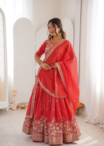 Heavy Simar Silk Lehenga Set with Thread & Sequin Work | 3-Meter Flair | Full-Stitched Orange