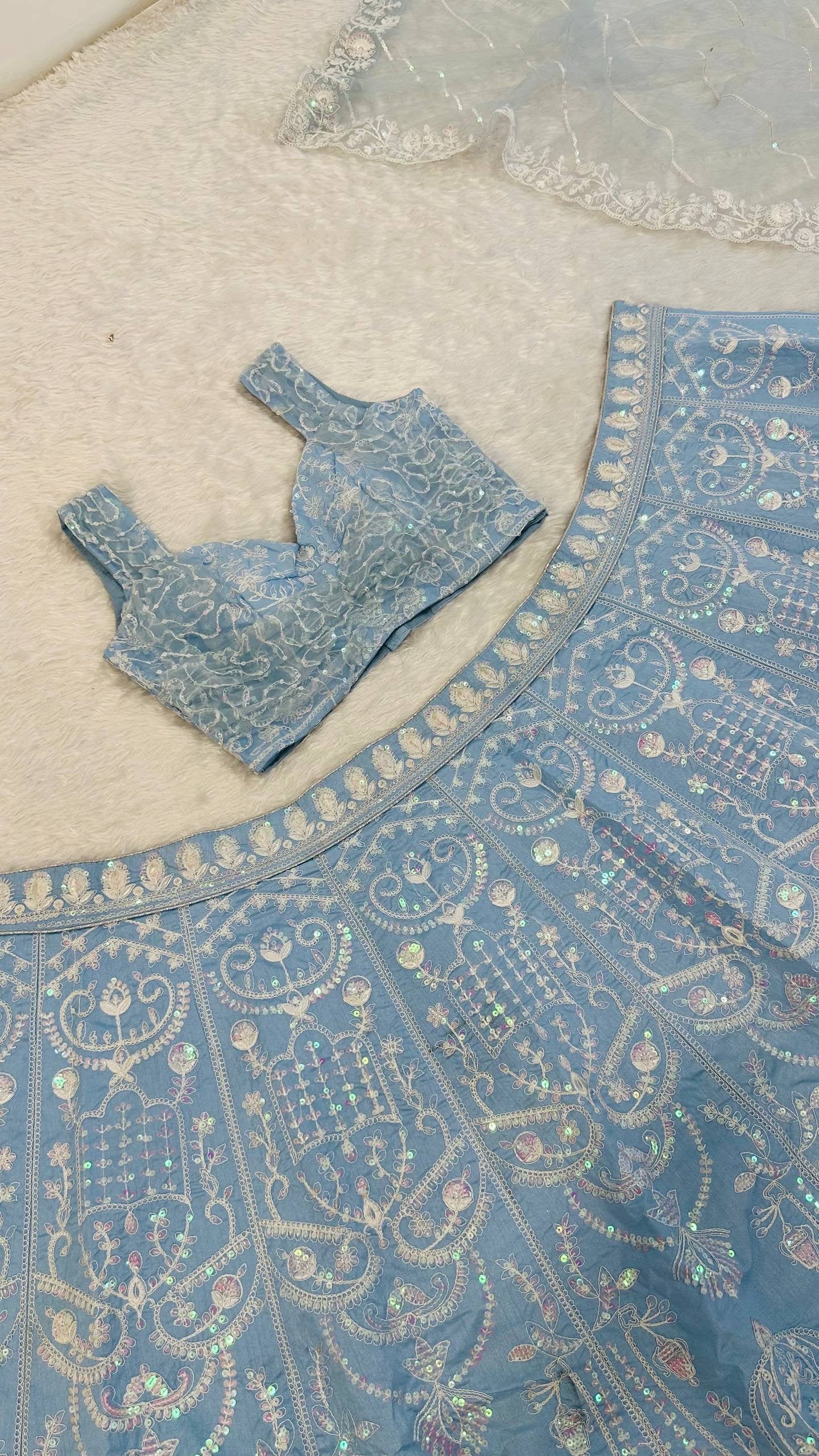Powder Blue Slub Silk Lehenga Set with Resham Dori & Rainbow Sequin Work | 3.25 Meter Flair