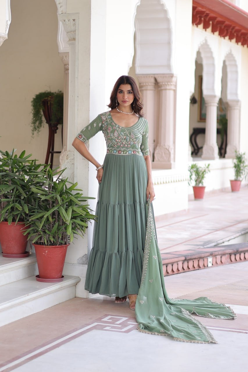 Premium Ready-Made Designer Gown with Embroidered Dupatta (pastel pista)