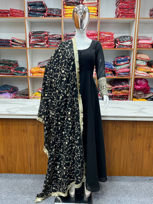 Designer Georgette gown set Black - Yashodhara Lifestyle