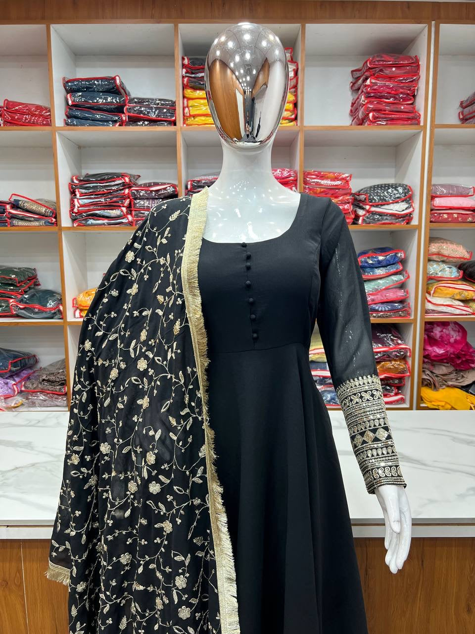 Designer Georgette gown set Black - Yashodhara Lifestyle