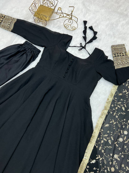 Designer Georgette gown set Black - Yashodhara Lifestyle