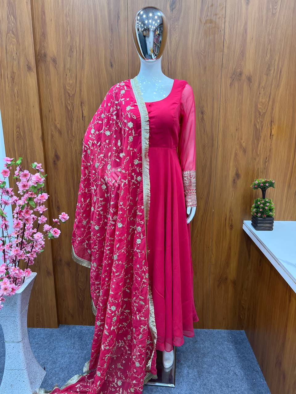 Designer Georgette gown set pink - Yashodhara Lifestyle