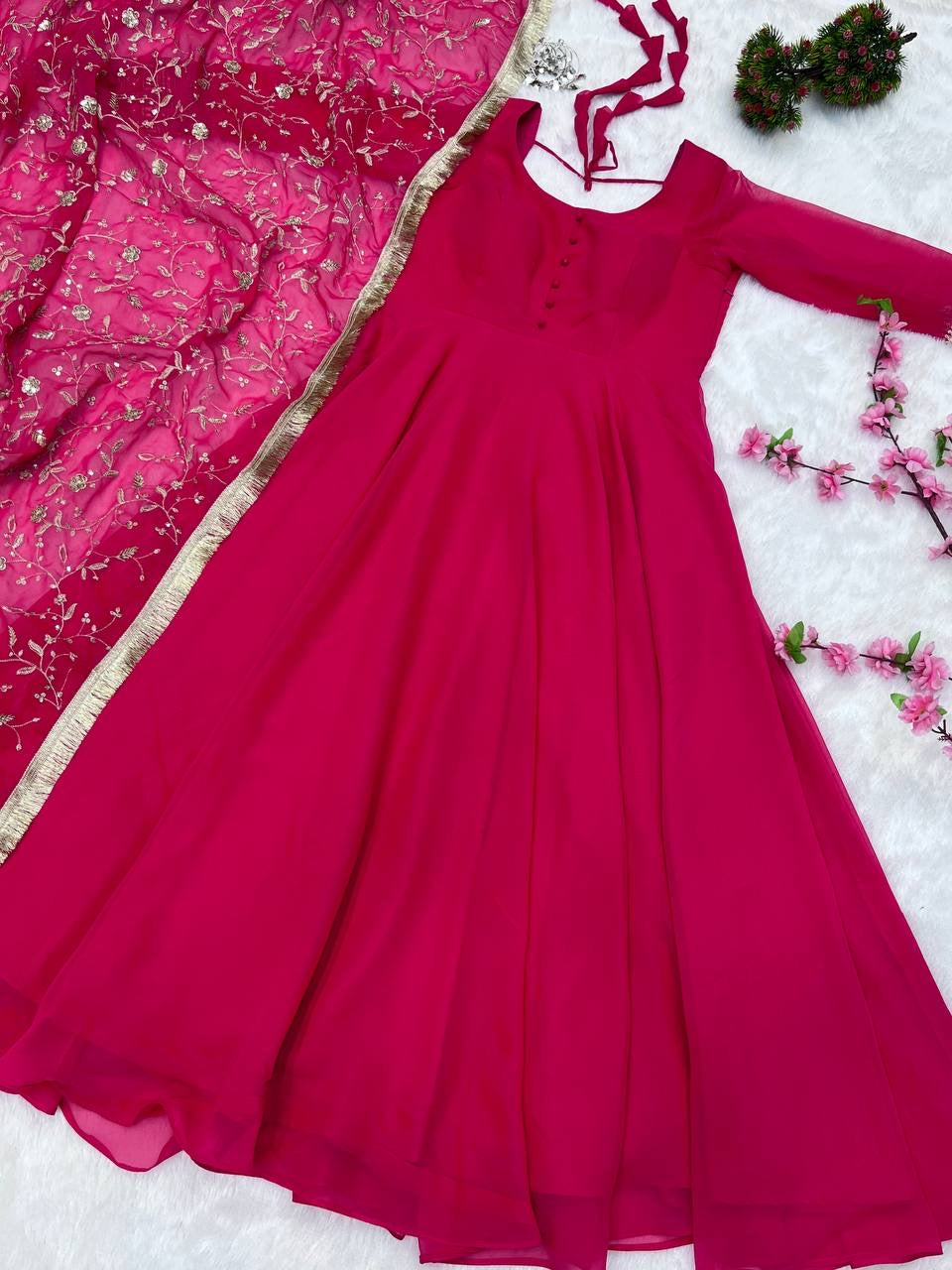 Designer Georgette gown set pink - Yashodhara Lifestyle