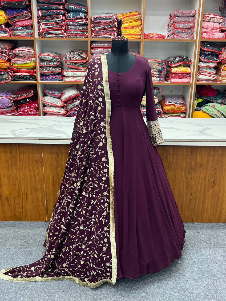 Designer Georgette gown set wine - Yashodhara Lifestyle