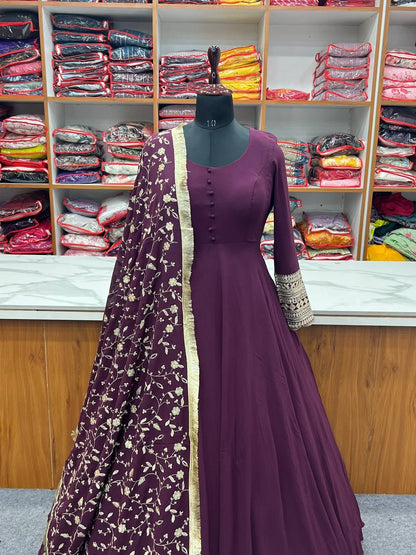 Designer Georgette gown set wine - Yashodhara Lifestyle