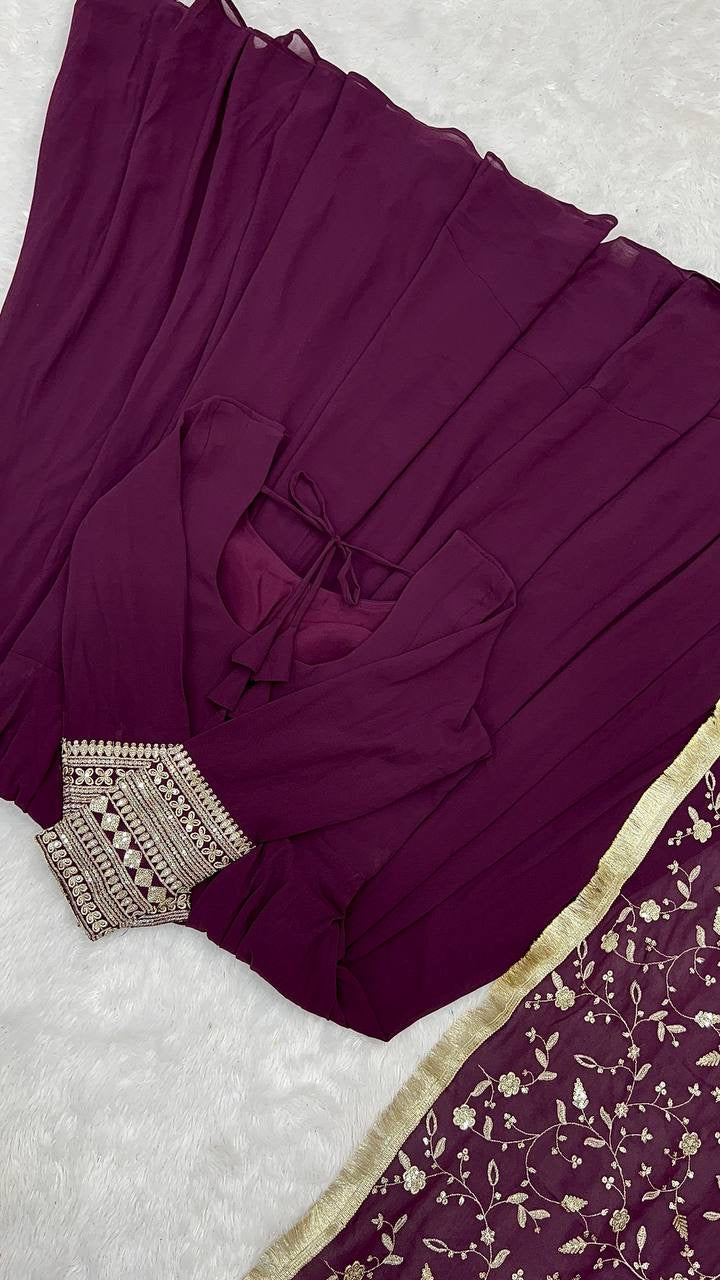 Designer Georgette gown set wine - Yashodhara Lifestyle