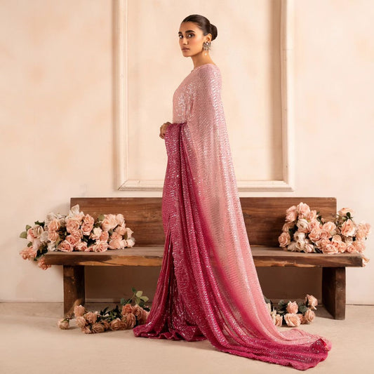 Designer Pink Peach Padding Georgette Sequins Saree With Stitched Blouse - Yashodhara Lifestyle