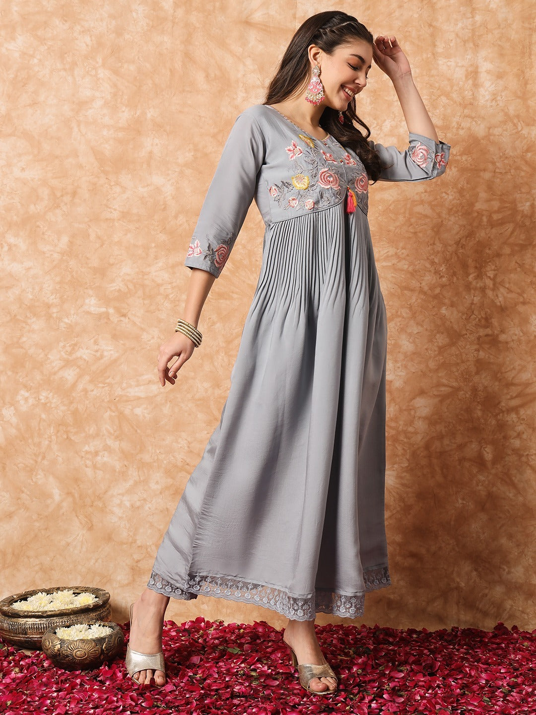 Diwa embroidered anarkali suit dress grey - Yashodhara Lifestyle