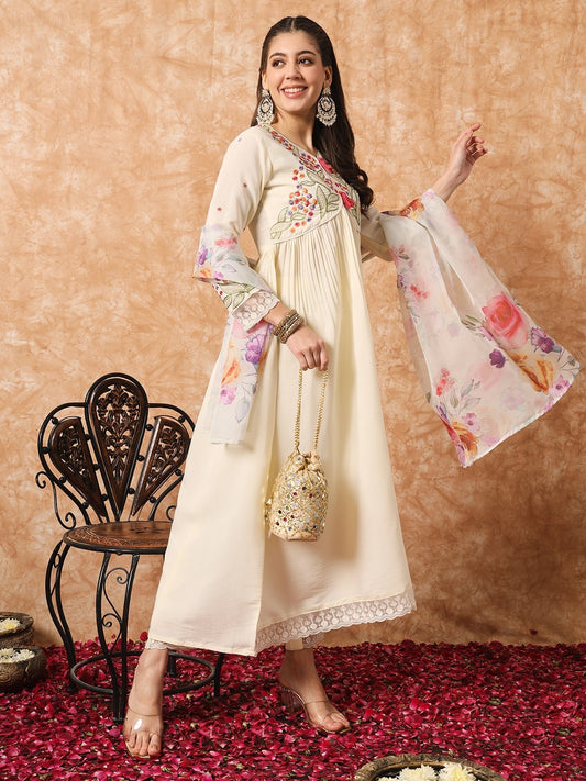 Diwa embroidered anarkali suit dress off white - Yashodhara Lifestyle