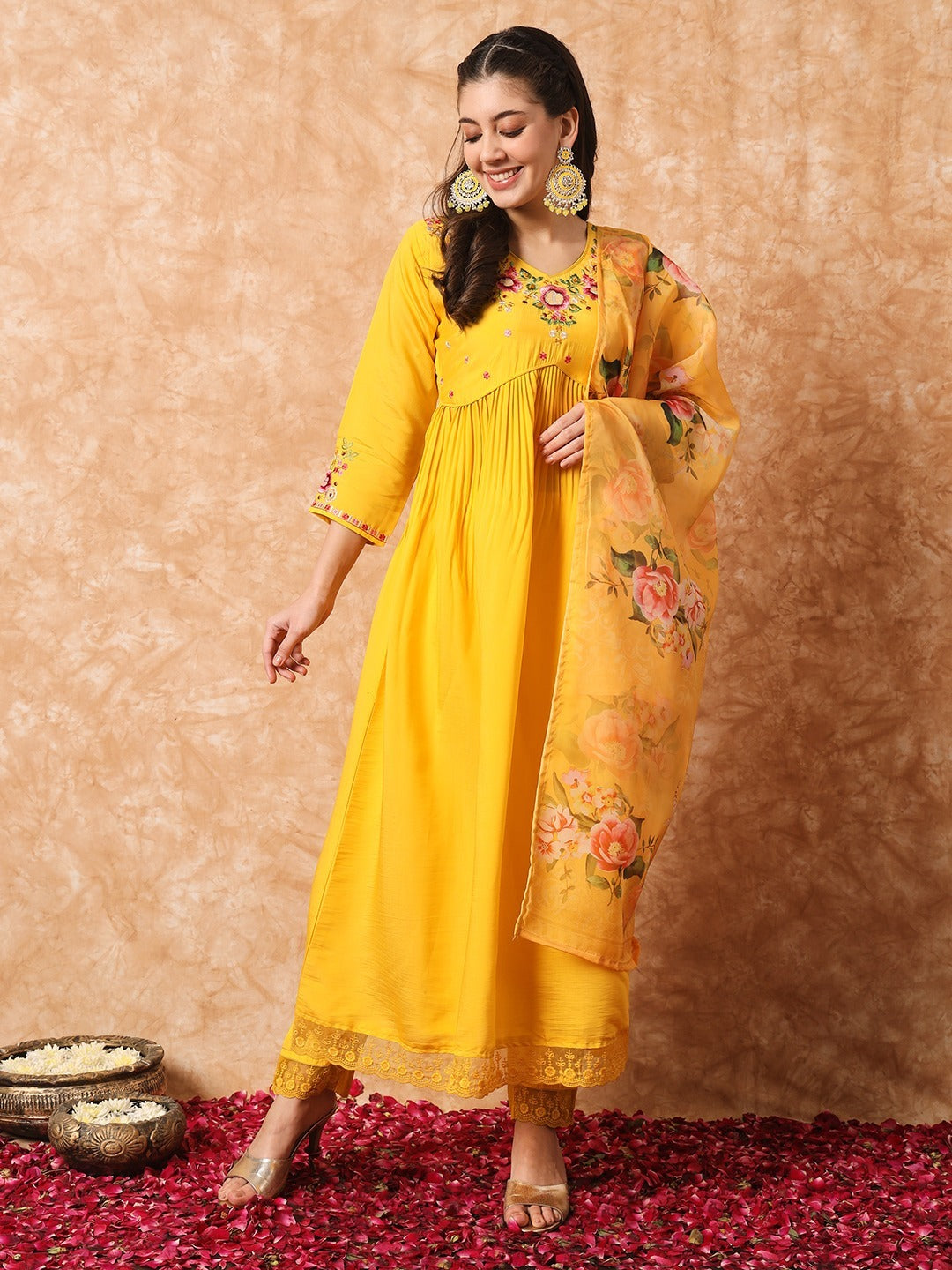 Diwa embroidered anarkali suit dress yellow - Yashodhara Lifestyle