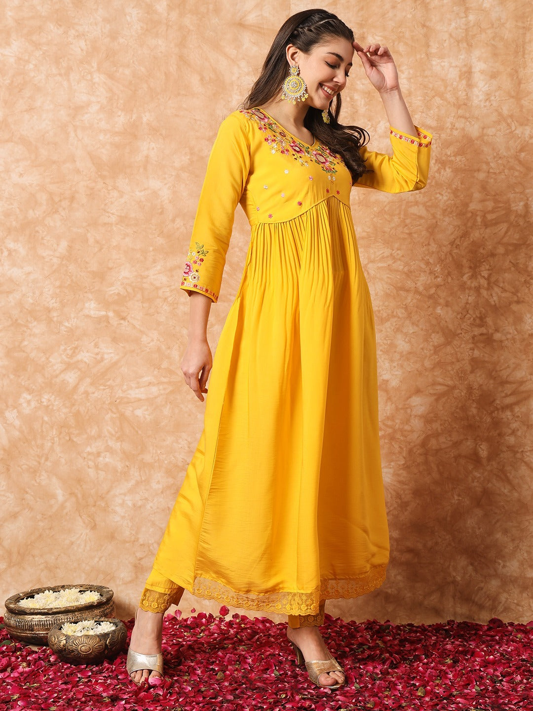 Diwa embroidered anarkali suit dress yellow - Yashodhara Lifestyle