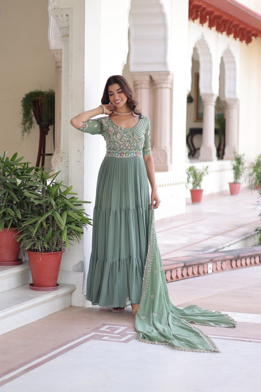 Premium Ready-Made Designer Gown with Embroidered Dupatta (pastel pista)