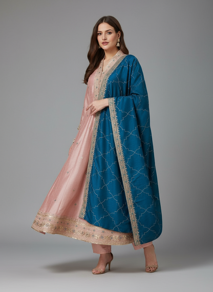 Elegant Vichitra Silk Anarkali Kurti Pant Set with Embroidery & Dupatta – Party & Festive Wear for Women (baby pink)