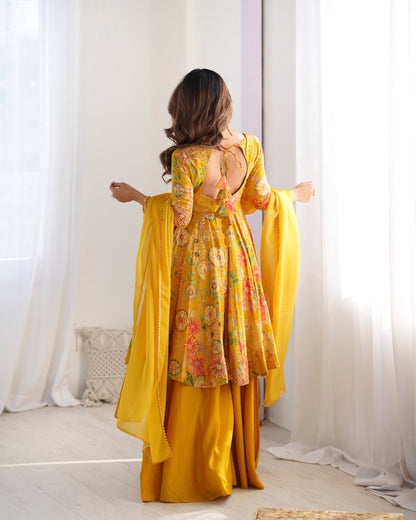 Elegant Floral Printed kediya kurta palazzo Set – Yellow