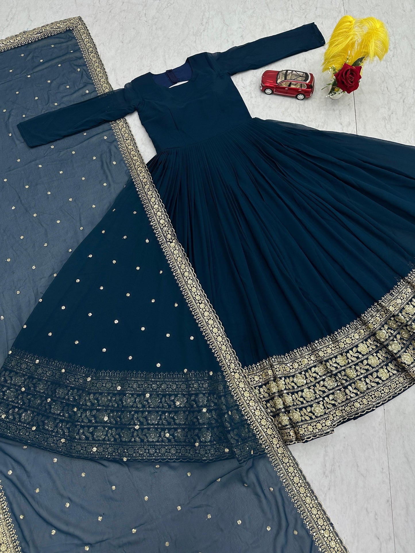 Designer Faux Georgette Gown with Embroidered Dupatta Blue