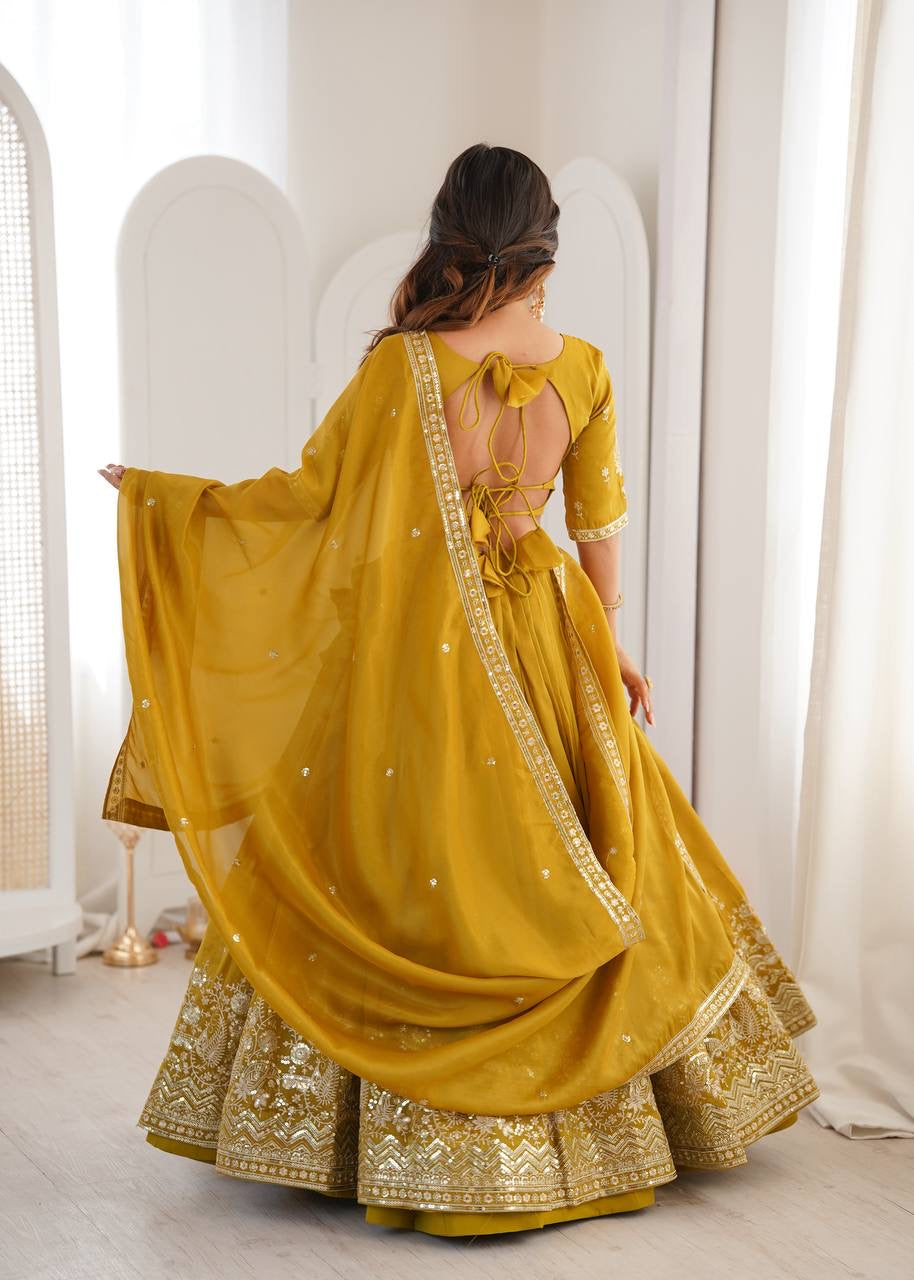 Heavy Simar Silk Lehenga Set with Thread & Sequin Work | 3-Meter Flair | Full-Stitched Yellow