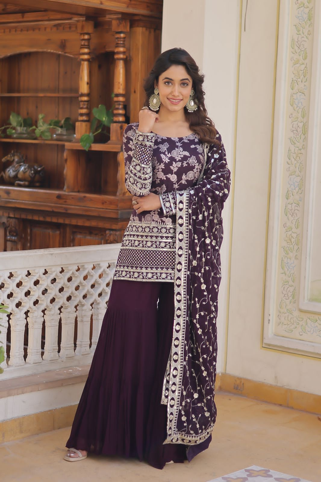 Premium Designer Top- Gharara sharara Set ( Wine Colour )