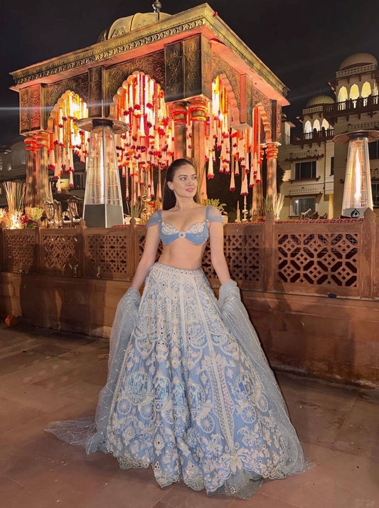 Powder Blue Slub Silk Lehenga Set with Resham Dori & Rainbow Sequin Work | 3.25 Meter Flair