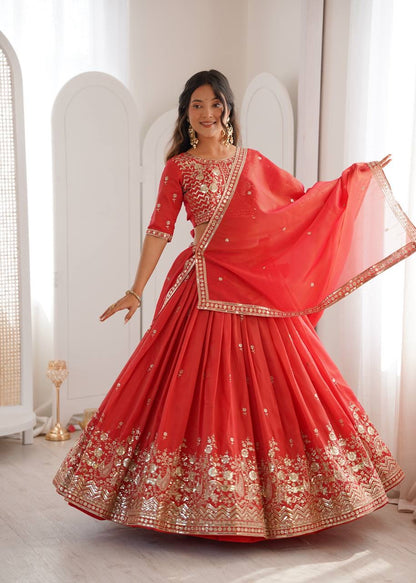 Heavy Simar Silk Lehenga Set with Thread & Sequin Work | 3-Meter Flair | Full-Stitched Orange