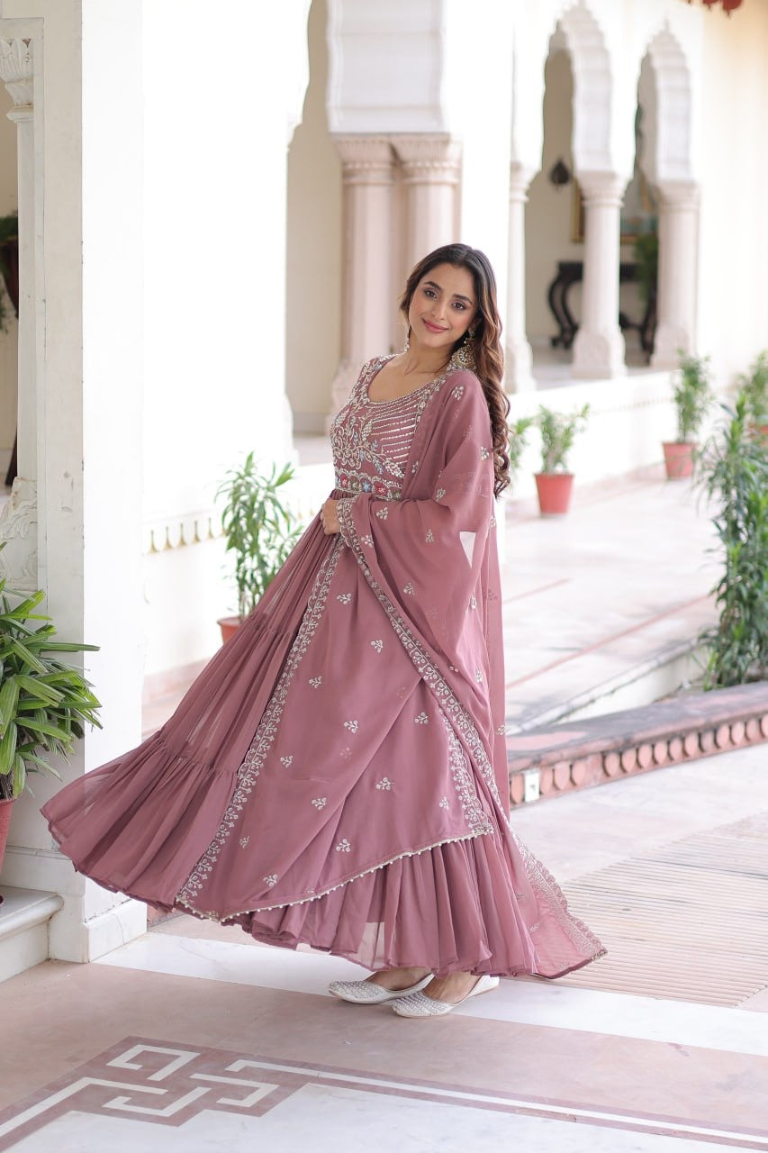 Premium Ready-Made Designer Gown with Embroidered Dupatta (dusty rose)