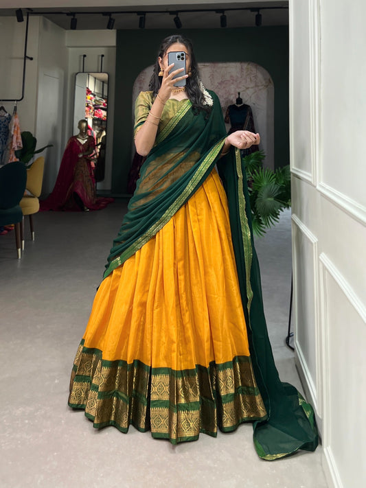Yellow Kanchipuram Silk Lehenga with Stitched Blouse