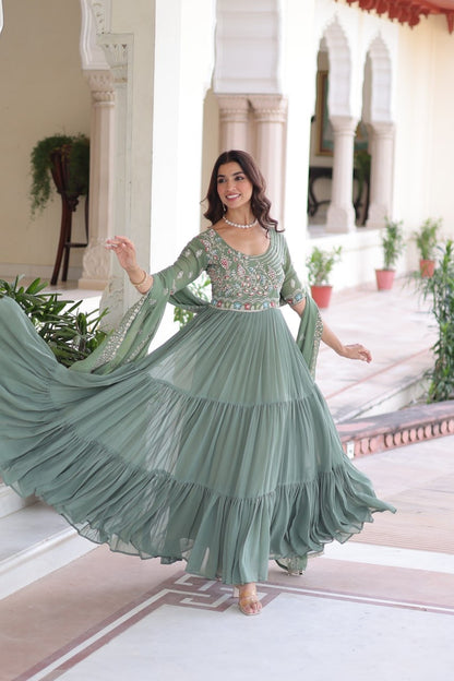 Premium Ready-Made Designer Gown with Embroidered Dupatta (pastel pista)