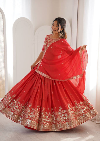 Heavy Simar Silk Lehenga Set with Thread & Sequin Work | 3-Meter Flair | Full-Stitched Orange