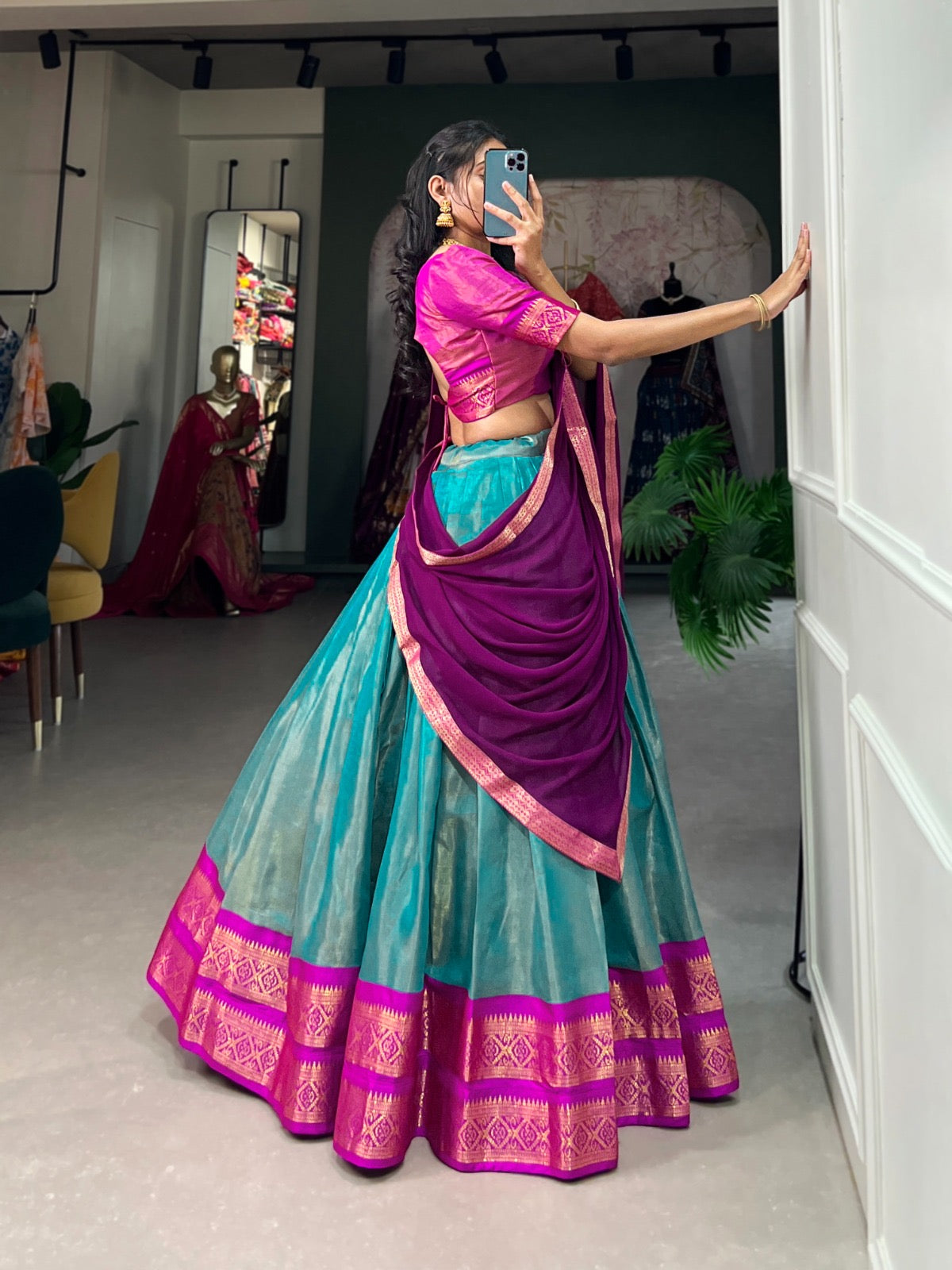 Sky Blue Kanchipuram Silk Lehenga with Stitched Blouse