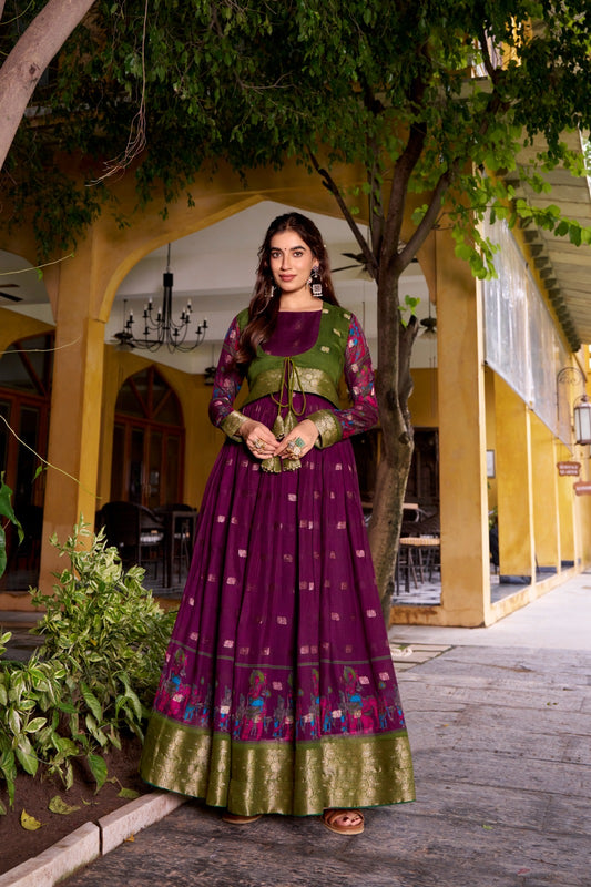 Kalamkari Print Poly Cotton Gown with Zari Weaving Koti