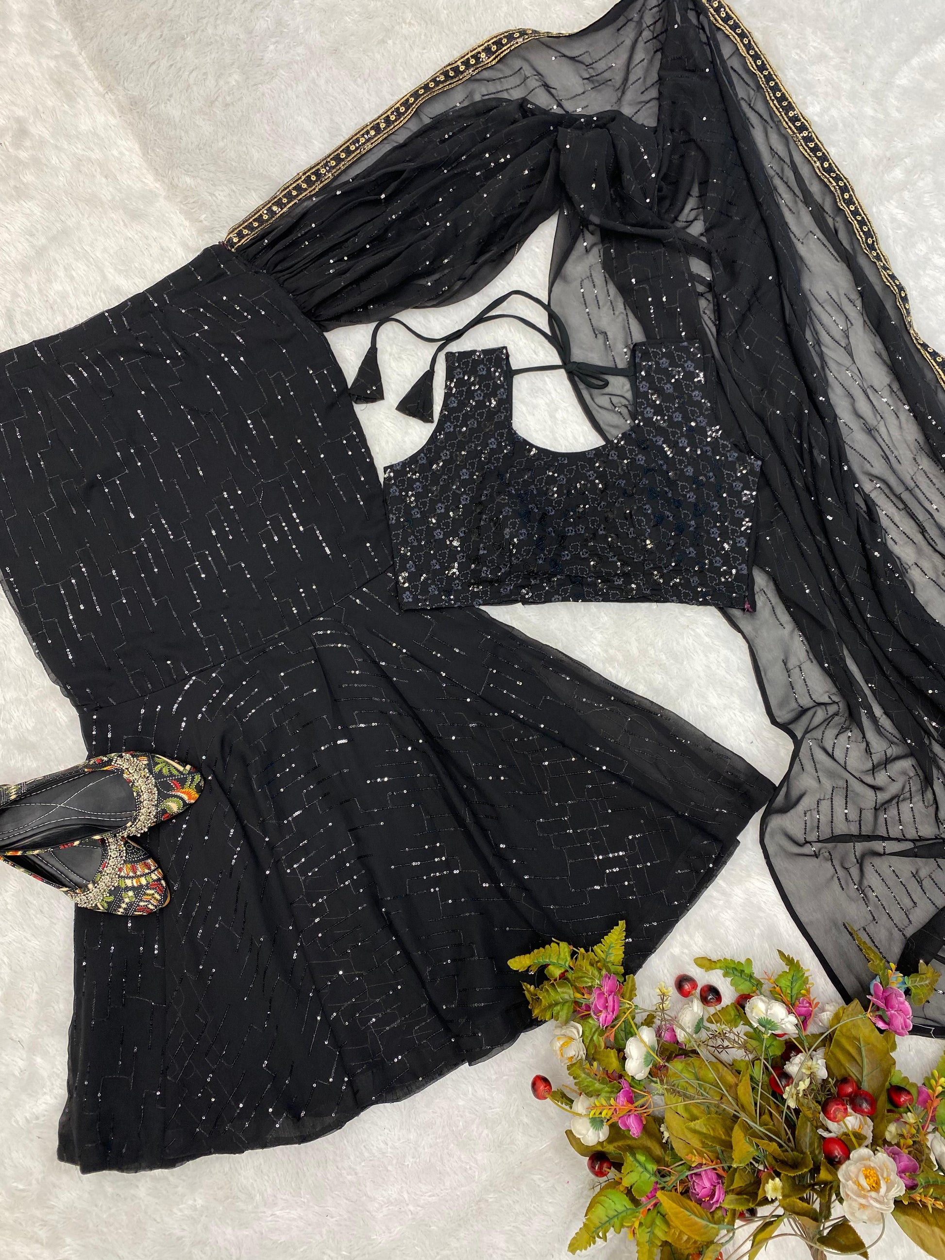 Fancy Party Wear Black Sequence Work Fullstitched Lehenga Saree And Blouse - Yashodhara Lifestyle