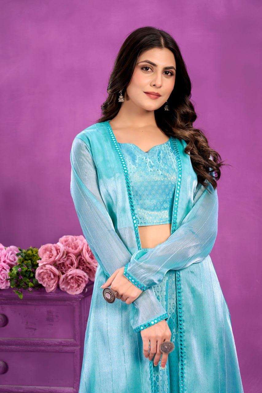 Firoji Soft Silk Top Plazzo and Shrug 3 Piece Set For Women - Yashodhara Lifestyle