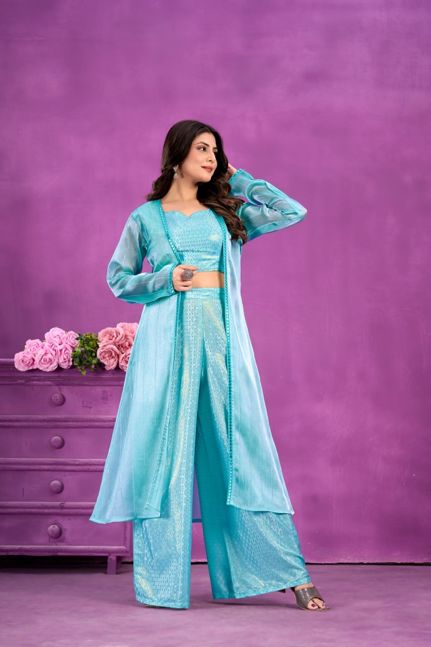 Firoji Soft Silk Top Plazzo and Shrug 3 Piece Set For Women - Yashodhara Lifestyle