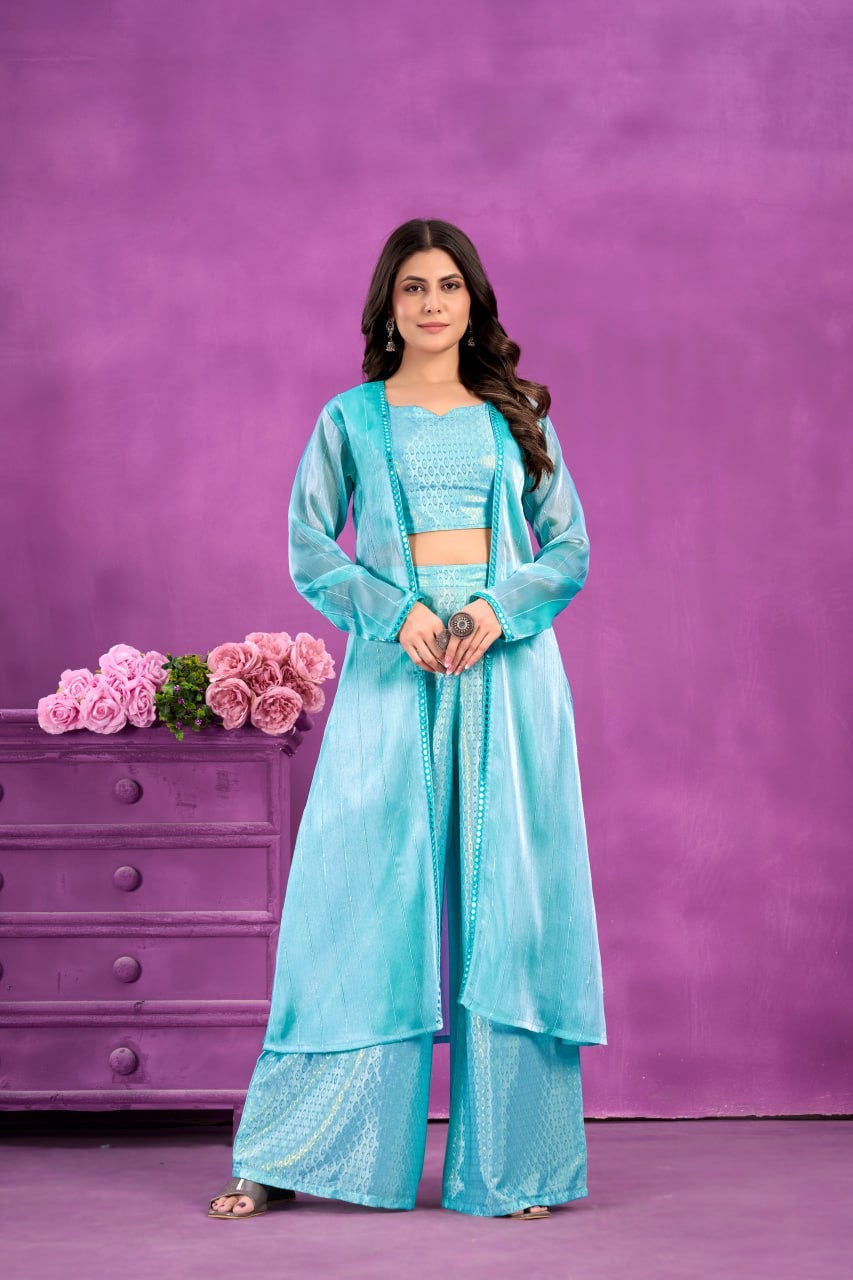 Firoji Soft Silk Top Plazzo and Shrug 3 Piece Set For Women - Yashodhara Lifestyle