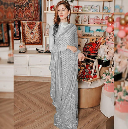 Grey Georgette Sequins Saree With Stitched Blouse - Yashodhara Lifestyle