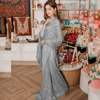 Grey Georgette Sequins Saree With Stitched Blouse - Yashodhara Lifestyle