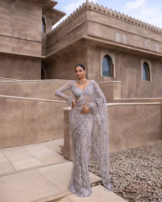 Grey Sequin Work Mono Net Saree With Stitched Blouse - Yashodhara Lifestyle