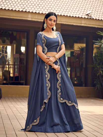 Grey Vichitra Silk Full stitch Lehenga Choli and Jacket 3 Piece Set - Yashodhara Lifestyle