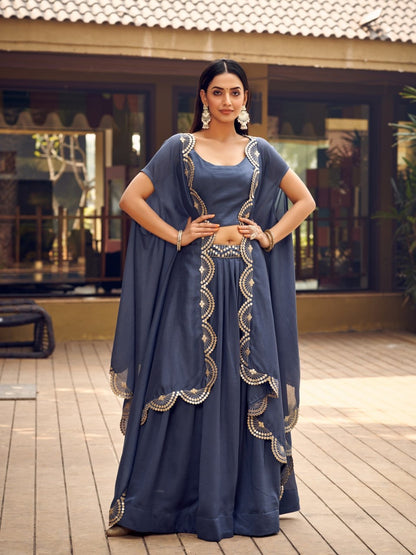 Grey Vichitra Silk Full stitch Lehenga Choli and Jacket 3 Piece Set - Yashodhara Lifestyle