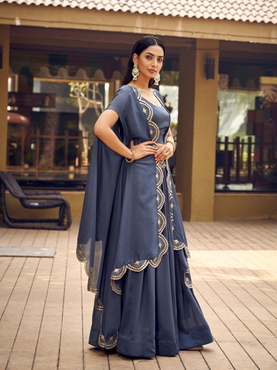 Grey Vichitra Silk Full stitch Lehenga Choli and Jacket 3 Piece Set - Yashodhara Lifestyle