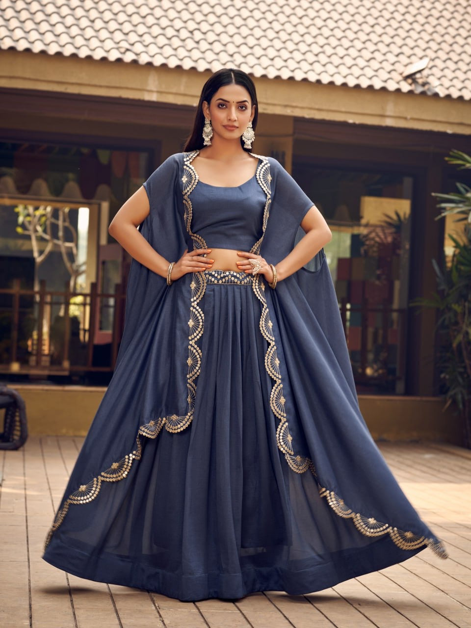 Grey Vichitra Silk Full stitch Lehenga Choli and Jacket 3 Piece Set - Yashodhara Lifestyle