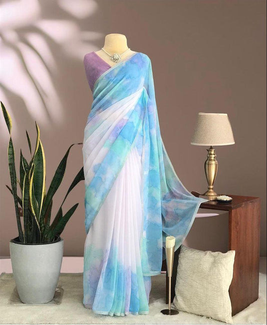 Holi Special Digital Printed Skyblue colour Georgette Saree - Yashodhara Lifestyle