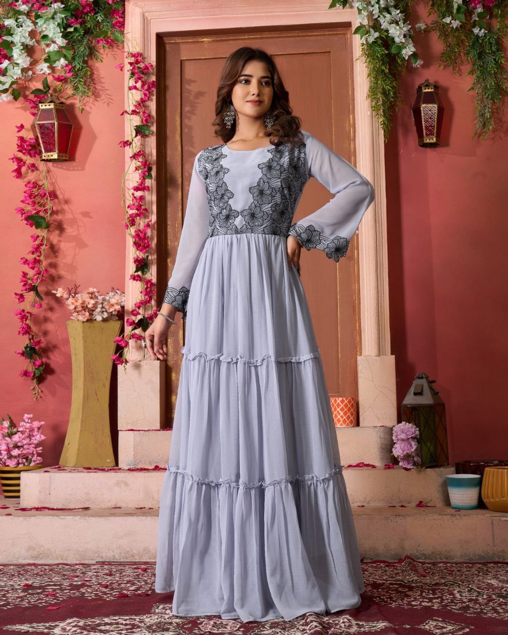 Light Grey Georgette Embroidered A-line Gown - Yashodhara Lifestyle