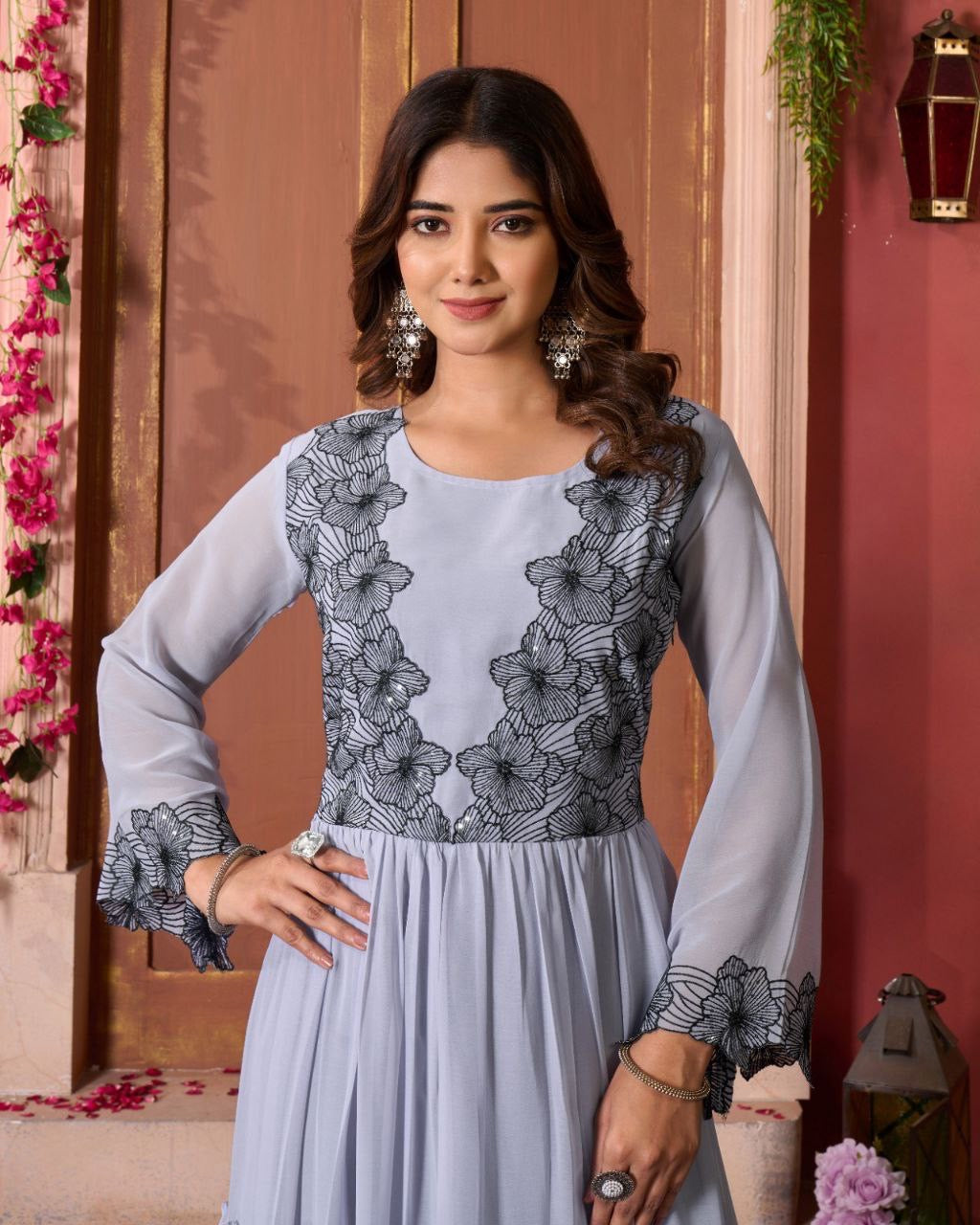 Light Grey Georgette Embroidered A-line Gown - Yashodhara Lifestyle