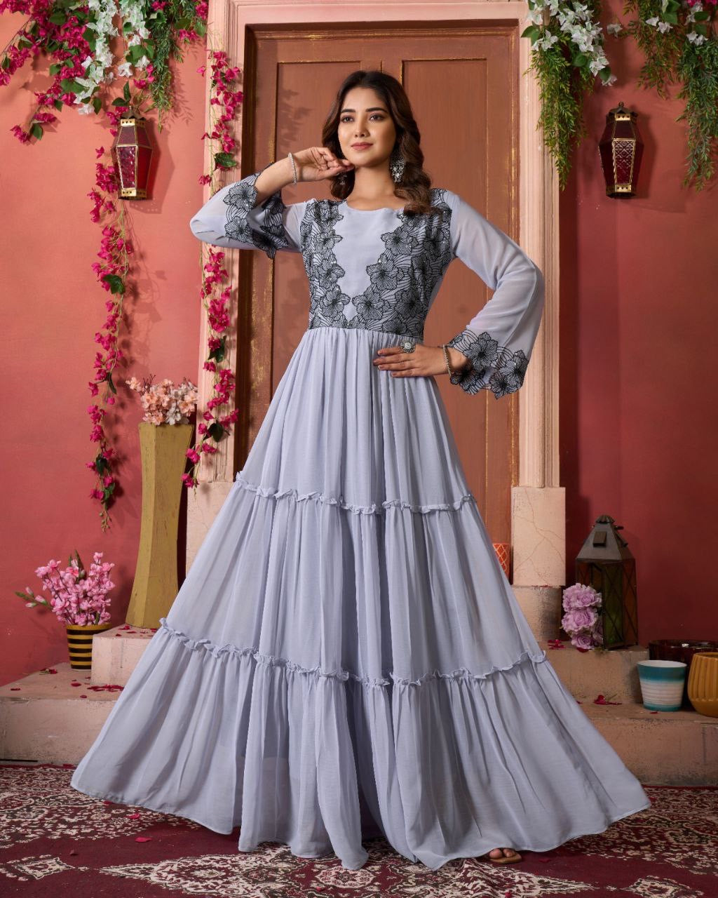 Light Grey Georgette Embroidered A-line Gown - Yashodhara Lifestyle