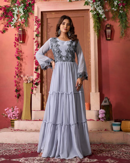 Light Grey Georgette Embroidered A-line Gown - Yashodhara Lifestyle